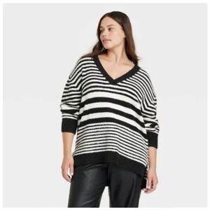Ava Viv Sweater Sz 2X Fuzzy Side Slit High/Low Recycled Polyester Striped Casual